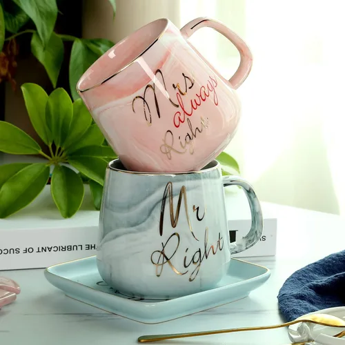 Miniatura 11 de Tazas de café para parejas Mr Right Mrs Always Right - Tazas de cerámica de mármol para despedida de soltera, boda, aniversario, día de San Valentín