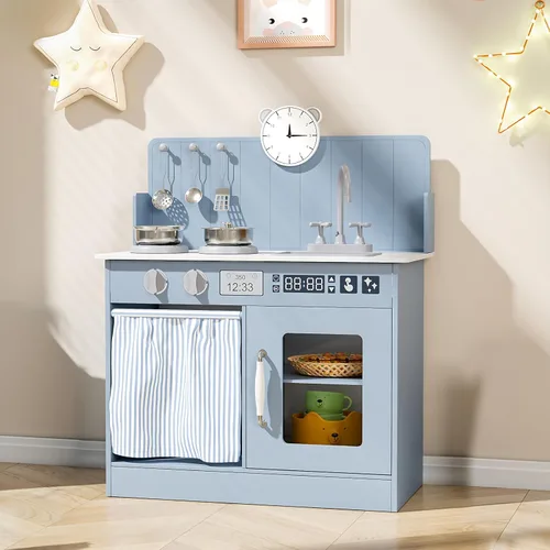 MAMIZO Juego de cocina para niños pequeños, juego de cocina de juguete de madera para niños con almacenamiento inteligente, último interactivo, Azul