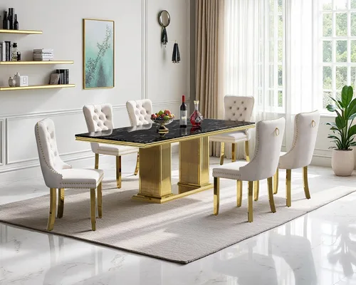 Miniatura 2 de Henf Juego de mesa de comedor de mármol sintético de 68 pulgadas para 6, juego de mesa de comedor de 7 piezas con 6 sillas copetudas de terciopelo