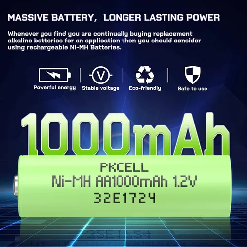 Miniatura 4 de PKCELL NiMH - Paquete de 6 baterías recargables AA, 1.2 V 1000 mAh de alta capacidad NiMH doble AA, batería de larga duración y precargada para 6