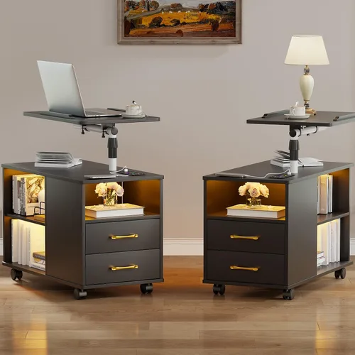 Miniatura 17 de WOOVIVS - Mesita de noche con estación de carga, mesa auxiliar con luces LED, mesa auxiliar inteligente con mesa giratoria ajustable/cajón