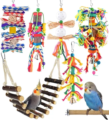Miniatura 8 de KATUMO Juguetes para pájaros, loro oscilante, escalera, perca, madera, perca, pájaros, masticar, cacatúas, campanas colgantes, juguetes