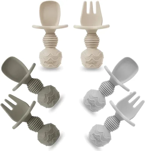 PandaEar Juego de 6 cucharas y tenedor de silicona para bebés, antiahogo, primeros utensilios de autoalimentación para bebés a partir de 3 meses