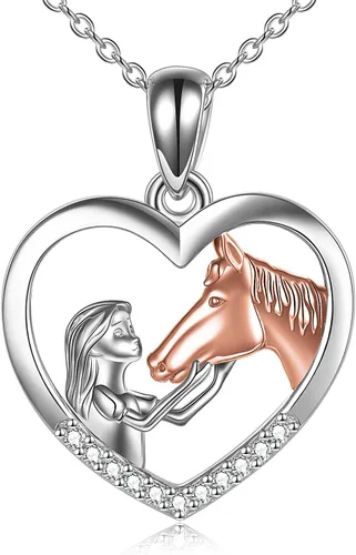 YFN - Collar con dije de caballo de plata fina para niñas, regalo de caballos para mujeres y niñas (collar de caballo con una niña color rosa)