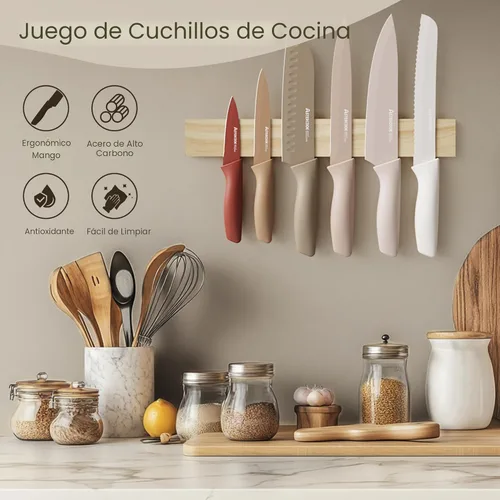 Miniatura 3 de Astercook Juego de cuchillos, juego de 13 piezas de cuchillos de cocina con revestimiento saludable antióxido, apto para lavavajillas, juego de Crema