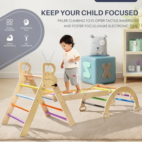 Miniatura 5 de BlueWood Pikler - Juego de triángulos plegables de madera para niños, juguetes de escalada para interiores, parque infantil en la selva, gimnasio