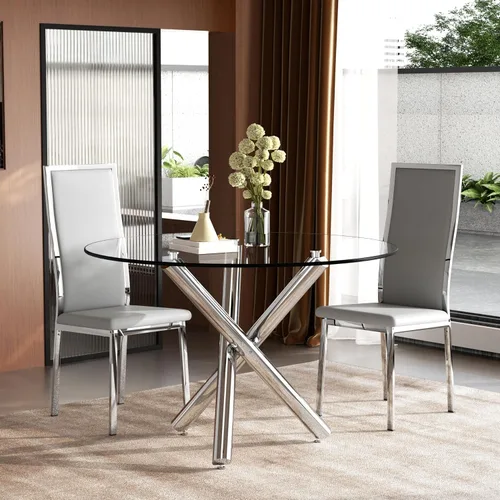Miniatura 31 de Moderno juego de mesa redonda de cristal para 2, juego de mesa de cocina de círculo pequeño de 36 pulgadas con 2 sillas de comedor de piel sintética