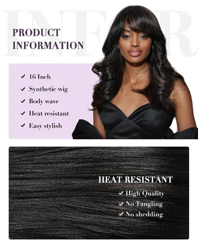 Miniatura 2 de Allbell Peluca de Ondas Corporales con Flequillo de Longitud Media con Mechas Pelucas Negras para Mujeres Sintéticas Negras Mezcladas con Marrón