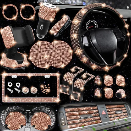 Miniatura 15 de NBTEPEM 27 piezas de juego de accesorios brillantes para auto en color aguamarina para mujeres, fundas para volante de ajuste universal de 15