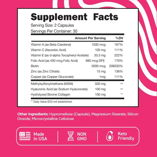 Miniatura 6 de Vital Vitamins Píldoras de complejo de biotina - con ácido hialurónico, MSM, colágeno y vitamina C - Suplemento para cabello, piel y uñas - 60