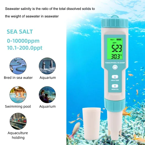 Miniatura 6 de Medidor de pH 7 en 1 Gomass 0.01 Probador de pH de alta precisión digital para agua TDS/EC/Salinidad/Temp/ORP/S. G/PH Probador de pluma de agua Azul