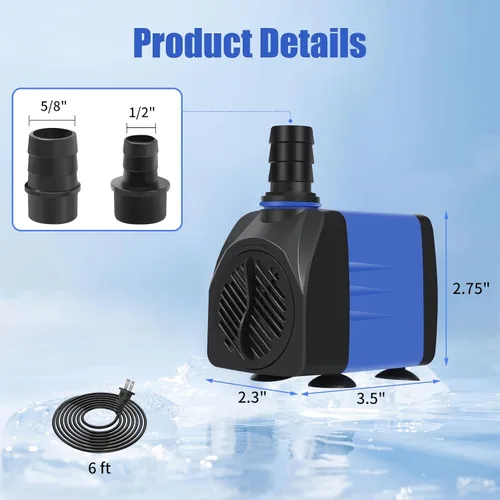 Miniatura 2 de AQUANEAT Bomba de Fuente Pequeña, Bomba de Agua Sumergible de 480 GPH para Tanque de Peces de Acuario, Fuente de Agua Exterior, Hidroponía, Bomba