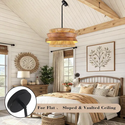 Miniatura 8 de Lámpara de araña de ratán tejida a mano de 19.7 pulgadas para comedor, lámpara bohemia de granja de 4 luces con textura de madera, lámpara colgante
