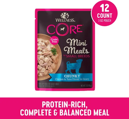 Miniatura 2 de Wellness CORE - Mini comidas para razas pequeñas gruesas en salsa para perros adultos, sin granos, natural, receta de cena de pollo y atún, 3 onzas