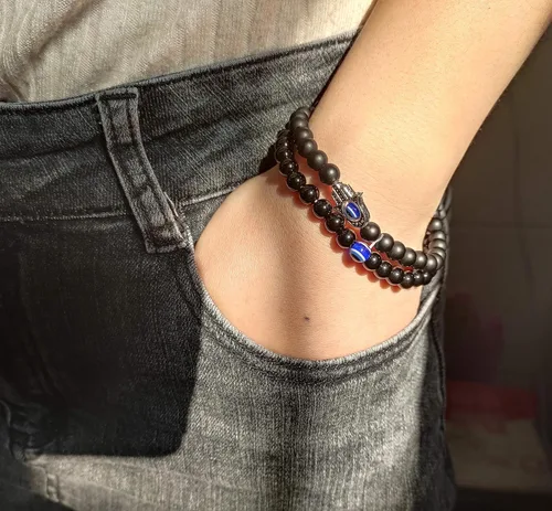 Miniatura 7 de RUIZHEN - 2 Pulseras elásticas con cuentas azules de ojo malvado, 7 chakras, piedra de lava, mano de Hamsa