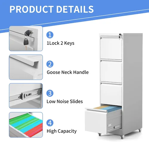 Miniatura 4 de Archivador de 4 cajones con ruedas, archivador de metal con cerradura y ruedas, almacenamiento rodante para oficina en casa, archivadores verticales