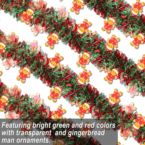 Miniatura 5 de Guirnalda de oropel de Navidad de 50 pies con adorno de hombre de jengibre, guirnalda metálica brillante roja y verde para árbol de Navidad, hogar