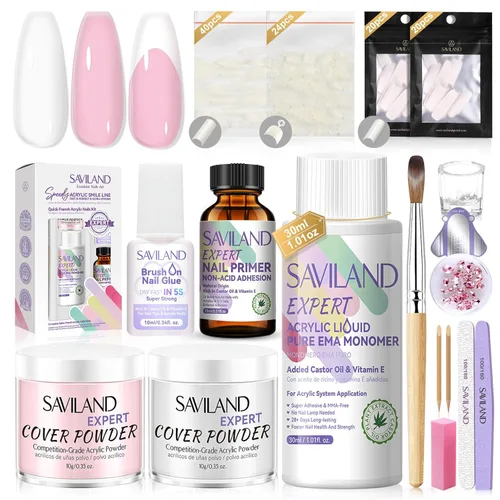 Miniatura 35 de Saviland Kit de iniciación de uñas acrílicas: polvo y líquido acrílico rosa claro nude, cepillo, limas, formularios, uñas a presión, juego