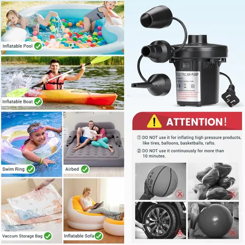 Miniatura 7 de Bomba de aire eléctrica inflable para piscina, AC/110V 130w - Bomba de cama de aire de llenado rápido con 3 boquillas, inflador de bomba de colchón