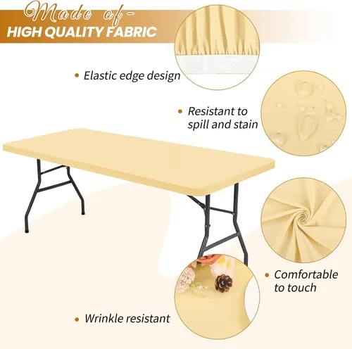 Miniatura 3 de Paquete de 6 fundas de tela elástica para mesa, color beige, para mesas de 8 pies, protector de mantel rectangular universal lavable y elástico