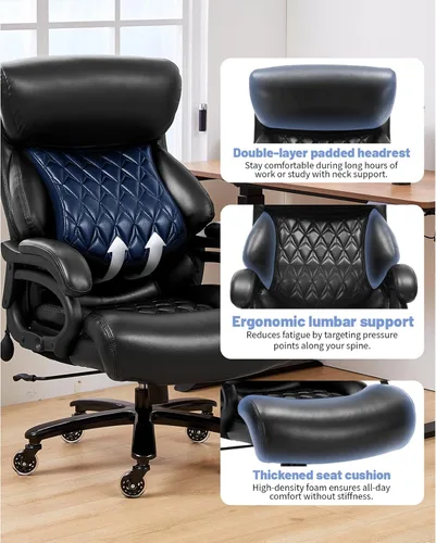 Miniatura 4 de Silla de oficina grande y alta de 600 libras, silla de escritorio de cuero ejecutiva con soporte lumbar ajustable y cojín de resorte de bolsillo