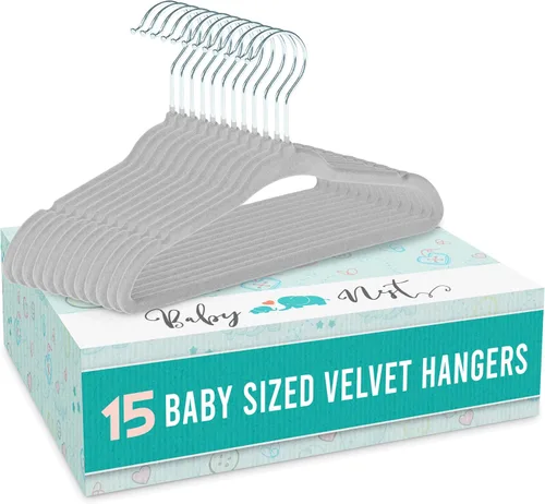Perchas de terciopelo de plástico para niños, divisores antideslizantes para niños, organizador de armario de guardería, color gris, paquete de 15