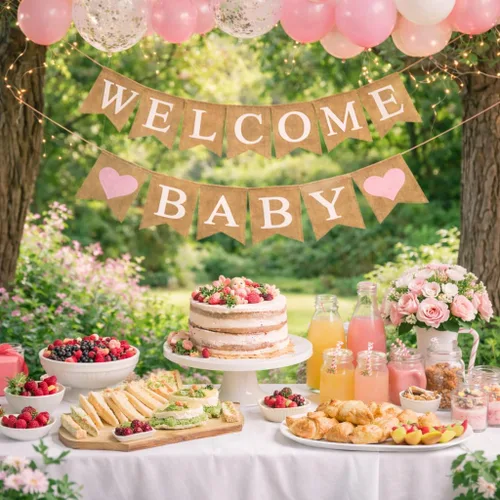 Miniatura 4 de Cartel de arpillera de bienvenida para decoración de baby shower y fiesta de revelación de género (corazones rosa claro)