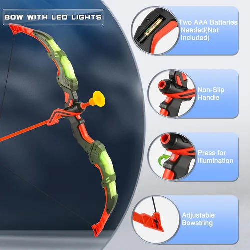 Miniatura 3 de Handwell Juego de arco y flecha para niños con luz LED, juego de tiro con 10 flechas de ventosa, juguetes para interiores y exteriores, con objetivo