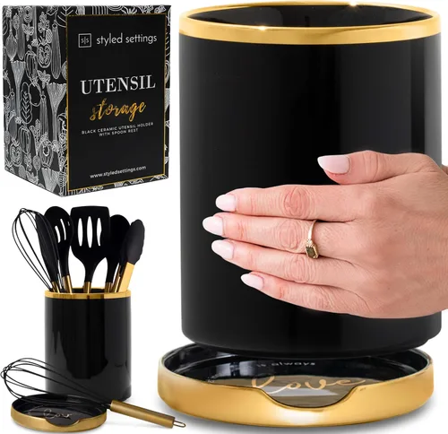 STYLED SETTINGS Soporte para utensilios de cocina negro y dorado con soporte de cuchara integrado, 2 soportes grandes de cerámica para utensilios de