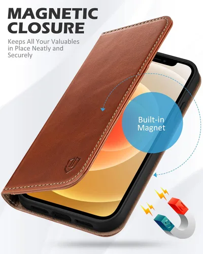 Miniatura 4 de SHIELDON Funda tipo cartera para iPhone 12 5G, de piel auténtica, con absorción de golpes, bloqueo RFID, tarjetero y soporte compatible con iPhone