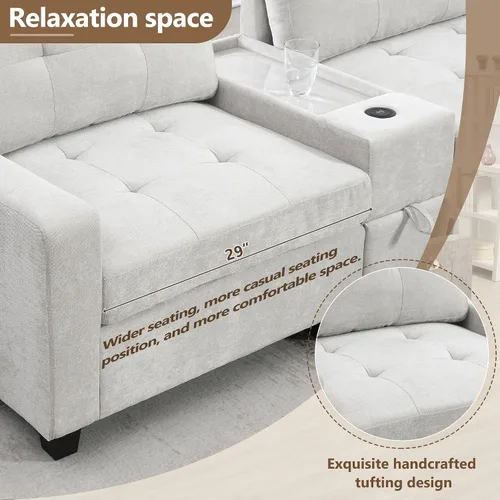 Miniatura 4 de Sofá modular de 103 pulgadas con 2 consolas acrílicas, juego de sofá en forma de U de gran tamaño con cargador USB, cajones de almacenamiento, Beige