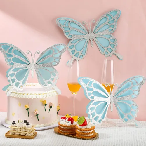 Miniatura 4 de Geyee 12 piezas de decoración de fiesta de mariposa grande 3D de 12 pulgadas, 10 pulgadas, centros de mesa de mariposa grandes para mesas, baby Azul