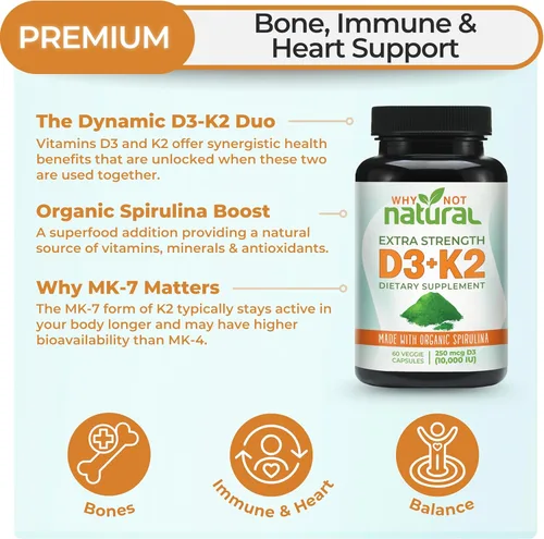 Miniatura 2 de Why Not Natural Vitamina D3 K2 (MK-7) con espirulina orgánica, suplemento extra fuerte de 10000 UI en cápsulas vegetales, apoya la salud ósea