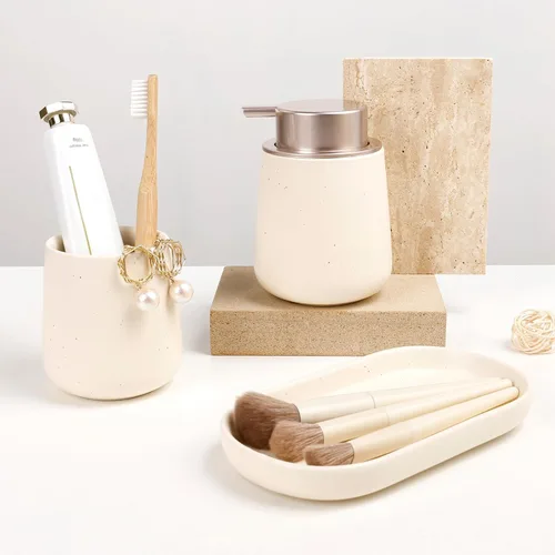 Miniatura 7 de BosilunLife Juego de accesorios de baño 3 piezas - Juego de dispensador de jabón con espuma de cerámica para baño, decoración de baño estilo casa