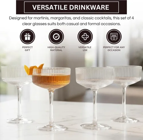 Miniatura 4 de Khen Juego de 4 vasos de cóctel vintage Art Deco inastillables de 8 onzas de acrílico transparente acanalado ondulado estilo europeo, copas