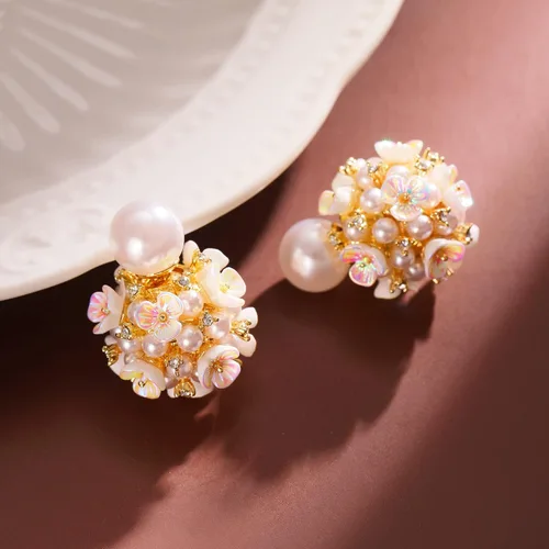 Miniatura 2 de Aretes de bola de flor de perlas, aretes de bola blanca para mujeres y niñas, Zinc, Perla