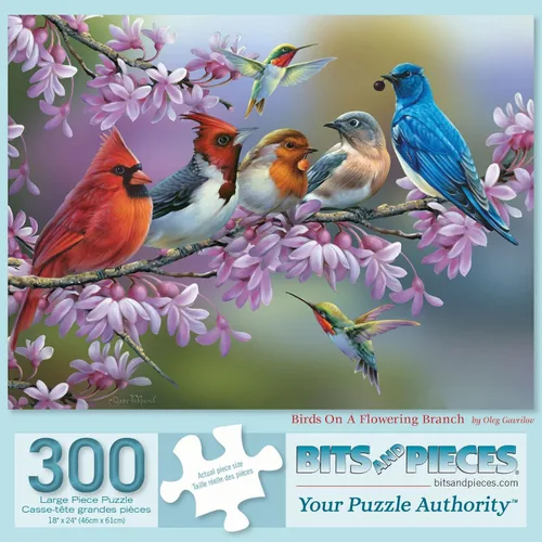 Bits and Pieces Rompecabezas – Birds on a Flowering Branch por Oleg Gavrilov – Cardenales, Bluebird & Colibríes Naturaleza Obra de Arte (300 Piezas