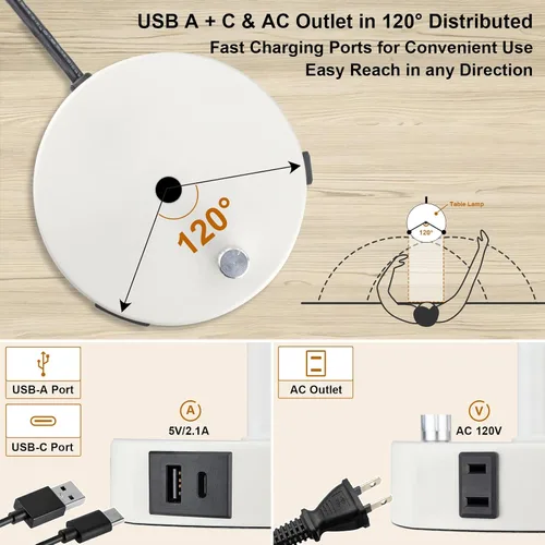 Miniatura 5 de LTBLIGHT Lámpara de mesita de noche con puerto USB + salida de CA, lámpara de escritorio regulable de 3 vías, lámpara pequeña de base blanca