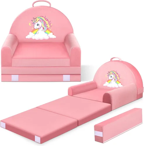 Miniatura 10 de Sofá cama para niños con funda extraíble lavable y respaldo de cinta mágica - Silla plegable para niños pequeños, cómodos muebles de terciopelo
