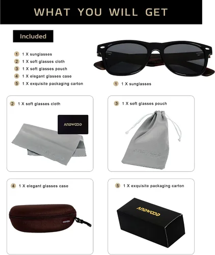 Miniatura 6 de ANDWOOD Gafas de sol de madera polarizadas para hombres y mujeres, protección UV, marco de bambú de madera, gafas de sol espejadas