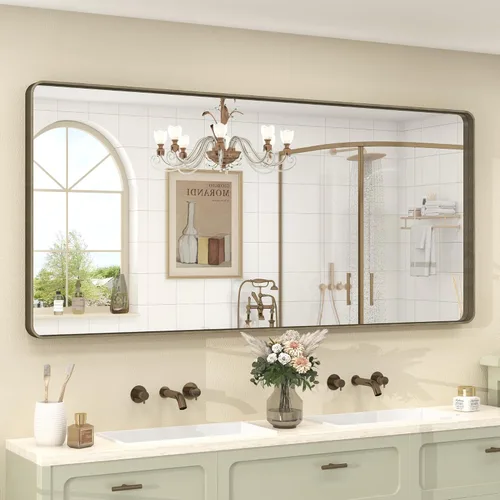 Miniatura 62 de Paquete de 2 espejos de baño con marco de metal negro de 22 x 30 pulgadas, espejo rectangular redondeado negro mate, antioxidante, se cuelga