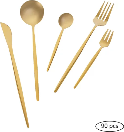 Miniatura 2 de Luxury Gold - Juego de 18 cubiertos de acero inoxidable, 90 piezas, apto para lavavajillas