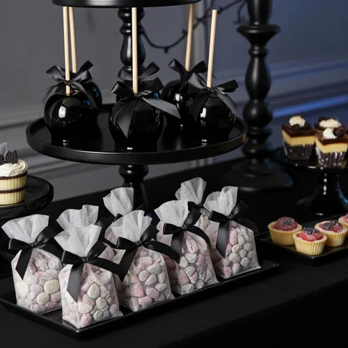 Miniatura 2 de AKLVBL Paquete de 50 lazos de satén negro para bolsas de golosinas, bolsas de regalo, bolsas de dulces de panadería y lazo de cinta de decoración