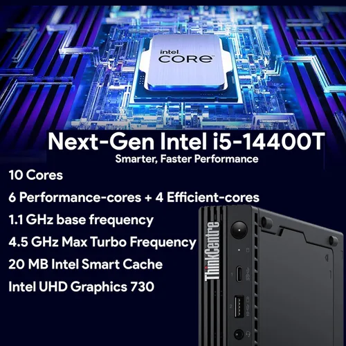 Miniatura 2 de Lenovo ThinkCentre Tiny M70q G5 Intel Deca Core i5-14400T (Supera al i7-13700T), 16GB DDR5, 512GB NVMe, DisplayPort, HDMI, WiFi 6, RJ-45, Teclado