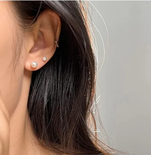 Miniatura 4 de Aretes pequeños de perlas de plata de ley redondos de 0.118in AAAA blanco perlas de agua dulce, Perla, nácar