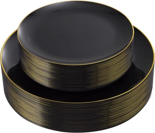 KIRE 60 platos de plástico negro, platos desechables negros con borde dorado para fiesta de Halloween/graduación, incluye 30 unidades de 10.25