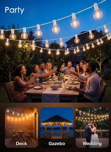 Miniatura 8 de SUNSGNE - Cadena de luces LED G40 de 25 pies para exteriores, luces blancas para patio con 25 bombillas LED transparentes y a prueba de roturas