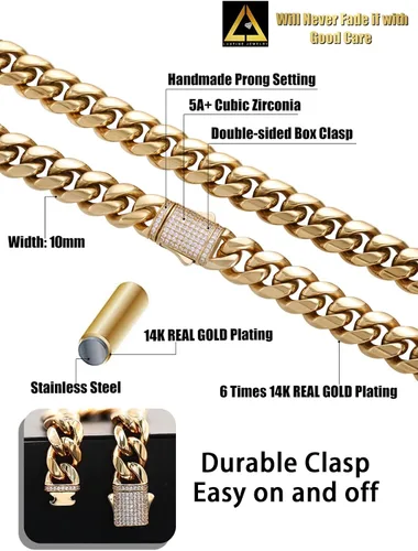 Miniatura 3 de Cadena de eslabones cubanos Miami de 10/12mm, chapado en oro real de 14 quilates, collar de acero inoxidable de alta calidad, joyería hip-hop