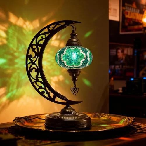 Miniatura 14 de Lámpara de mesa turca de mosaico en forma de media luna, lámpara de escritorio marroquí estilo luna boho hecha a mano, iluminación decorativa