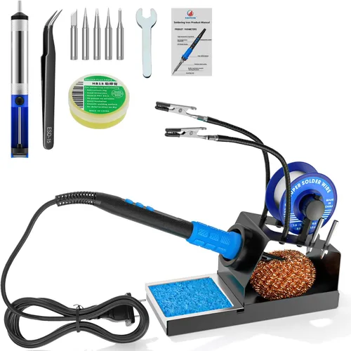 Kit de soldador, 100 W de alta potencia LCD, 2 manos de ayuda, fundente, puntas de hierro, cables de estaño, ventosa de soldadura, pinzas.